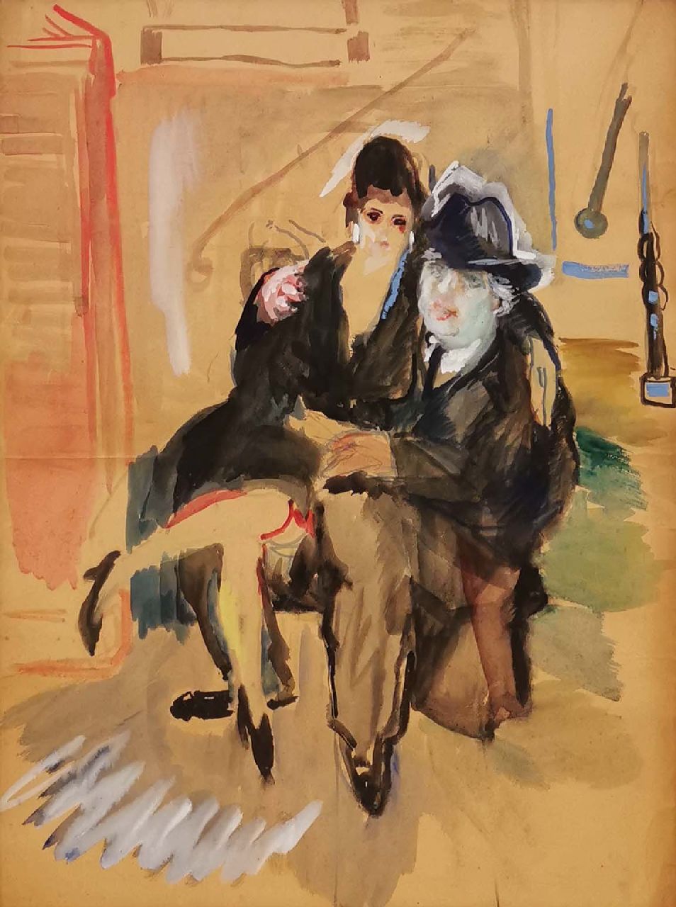 Martens G.G.  | Gijsbert 'George' Martens | Watercolours and drawings offered for sale | A couple on a chair, gouache on paper 85.6 x 64.6 cm