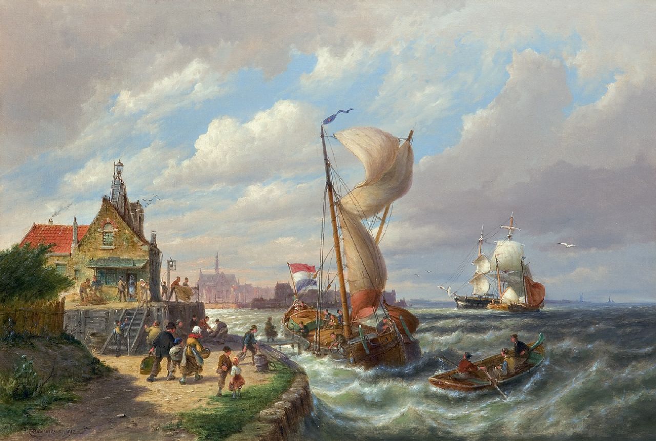 Dommershuijzen P.C.  | Pieter Cornelis Dommershuijzen, Het vertrek van het veer, olieverf op doek 50,7 x 76,2 cm, gesigneerd linksonder en gedateerd 1912