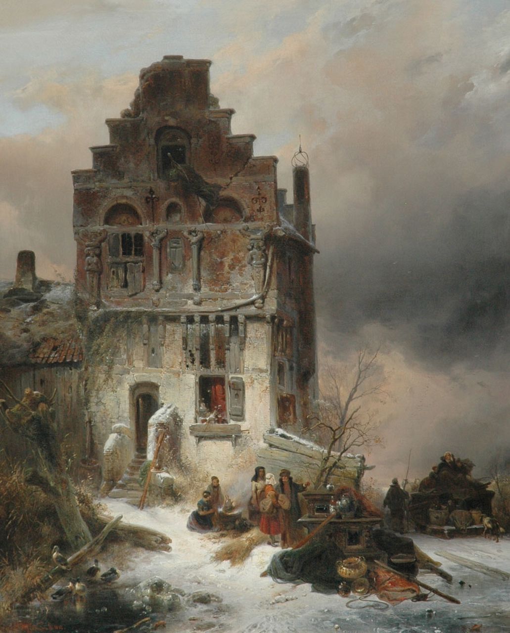 Nuijen W.J.J.  | Wijnandus Johannes Josephus 'Wijnand' Nuijen, Verhuizen op een winterse dag, olieverf op doek 112,9 x 91,6 cm, gesigneerd linksonder en gedateerd 1837