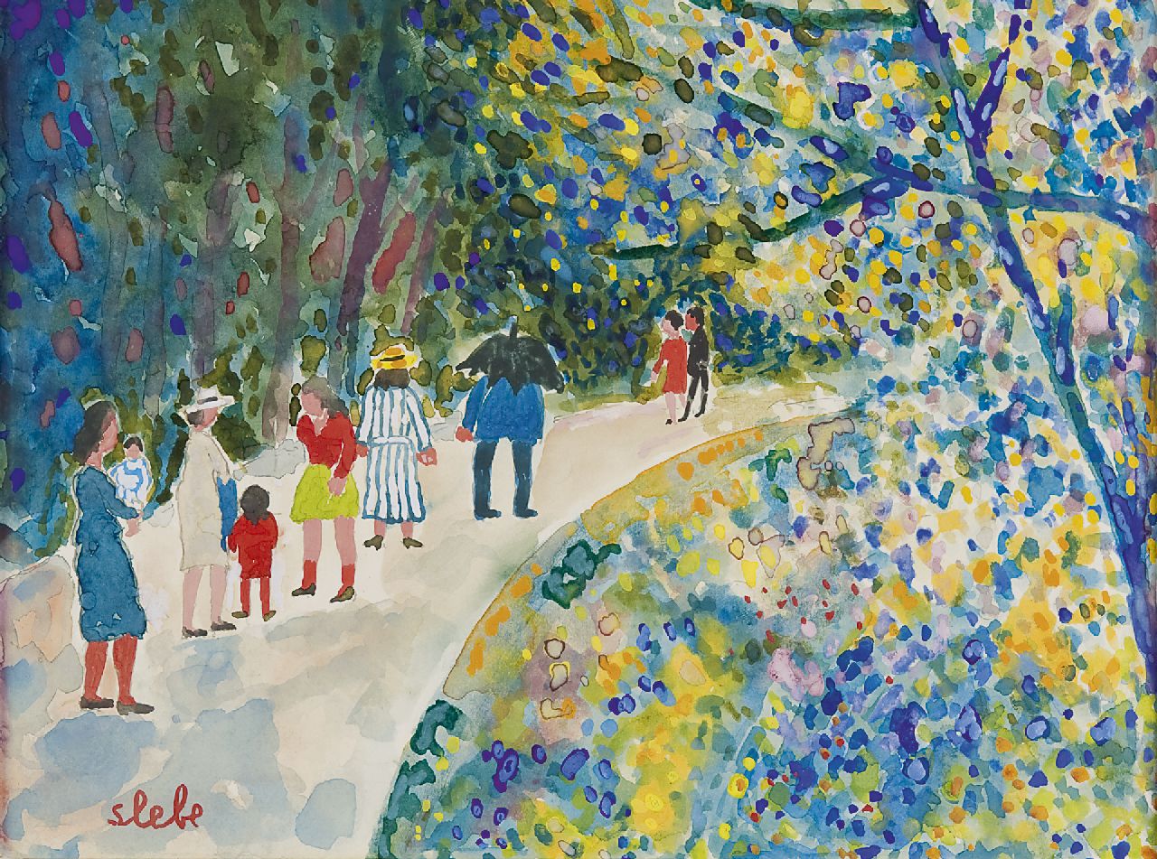 Slebe (Ferdinand Joseph Sleebe) F.  | Ferry Slebe (Ferdinand Joseph Sleebe), A stroll in the parc, watercolour on paper 25.0 x 32.6 cm, signed l.l.