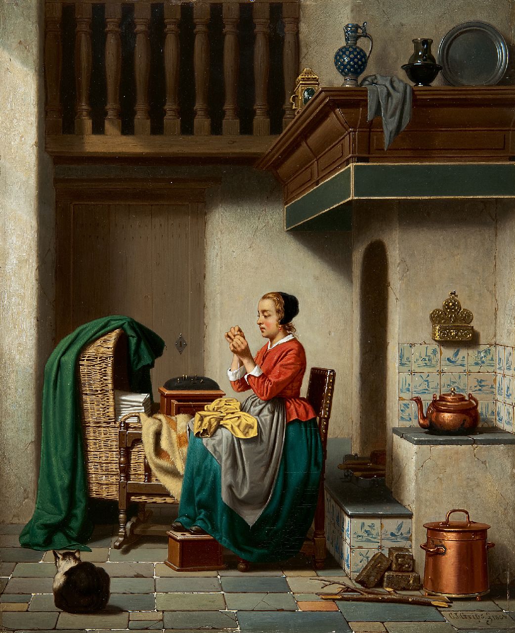 Grips C.J.  | Carel Jozeph Grips, Mending the garments, oil on panel 36.0 x 29.3 cm, signed l.r. and dated 1864
