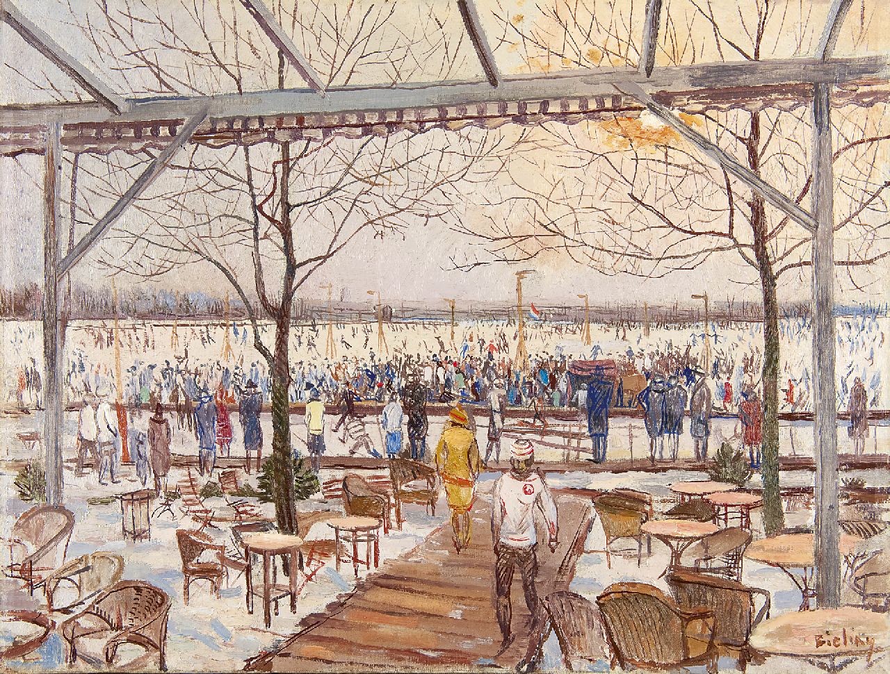 Bieling H.F.  | Hermann Friederich 'Herman' Bieling, Schaatspret op de Bergse Achterplas bij het Plaswijck Paviljoen, Rotterdam, olieverf op doek 43,5 x 56,6 cm, gesigneerd rechtsonder