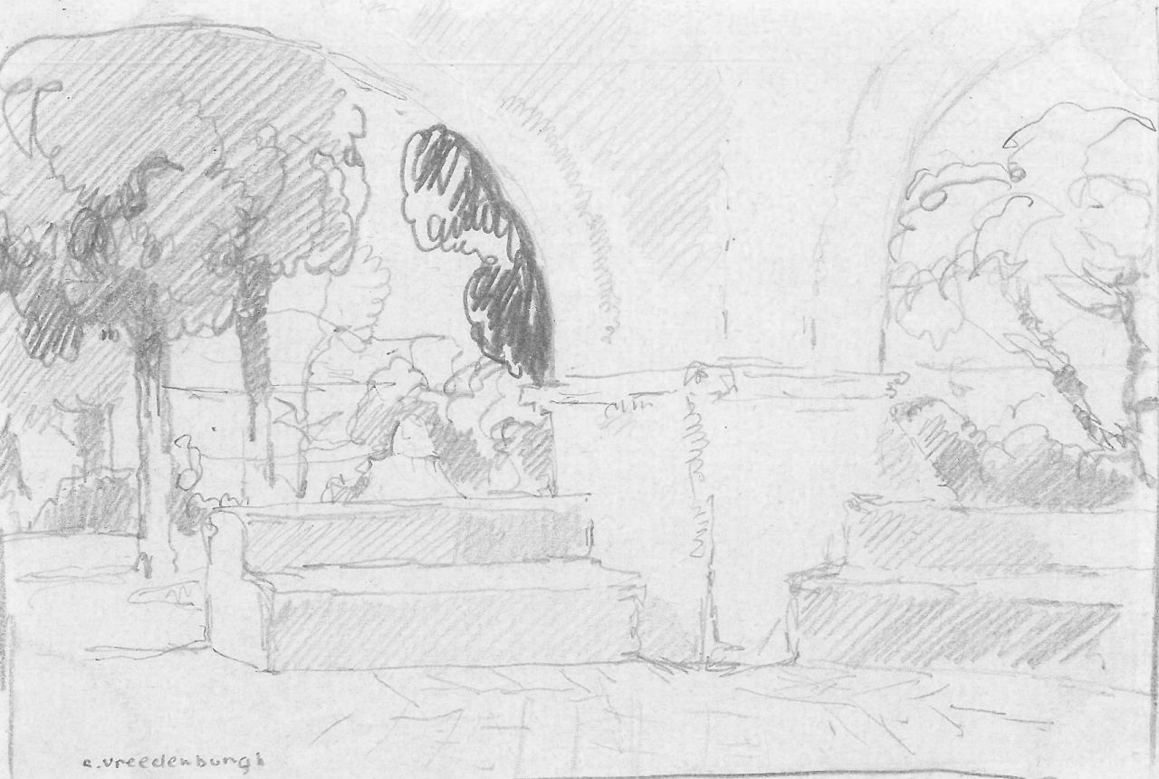 Vreedenburgh C.  | Cornelis Vreedenburgh | Watercolours and drawings offered for sale | A monastery courtyard, pencil on paper 9.1 x 13.8 cm, signed l.l.