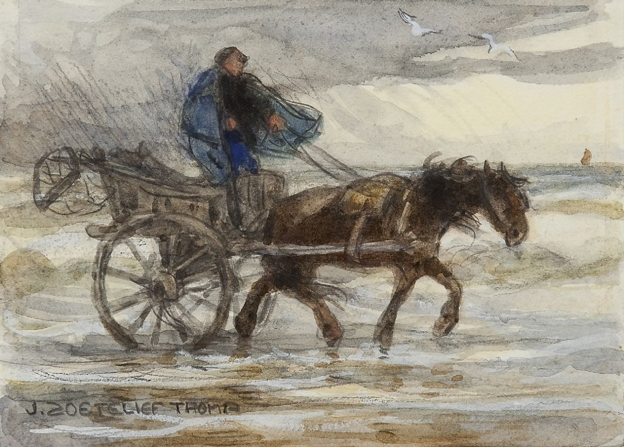 Zoetelief Tromp J.  | Johannes 'Jan' Zoetelief Tromp, Shell fisherman with horse-and-carriage, pencil and watercolour on paper 12.7 x 16.8 cm, signed l.l.