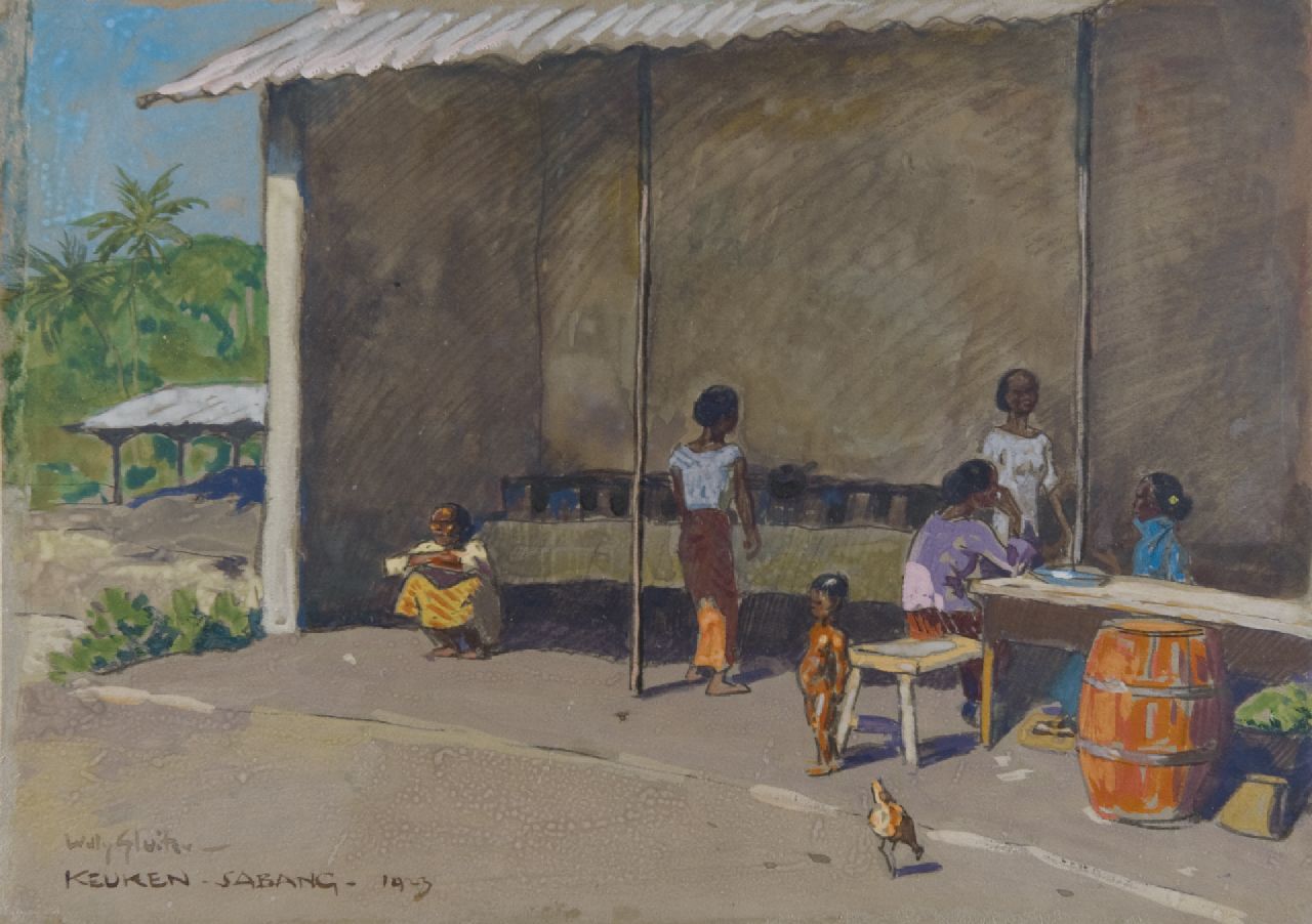 Sluiter J.W.  | Jan Willem 'Willy' Sluiter, A kitchen in Sabang, charcoal and watercolour on paper 23.8 x 33.2 cm, signed l.l. and dated 1923