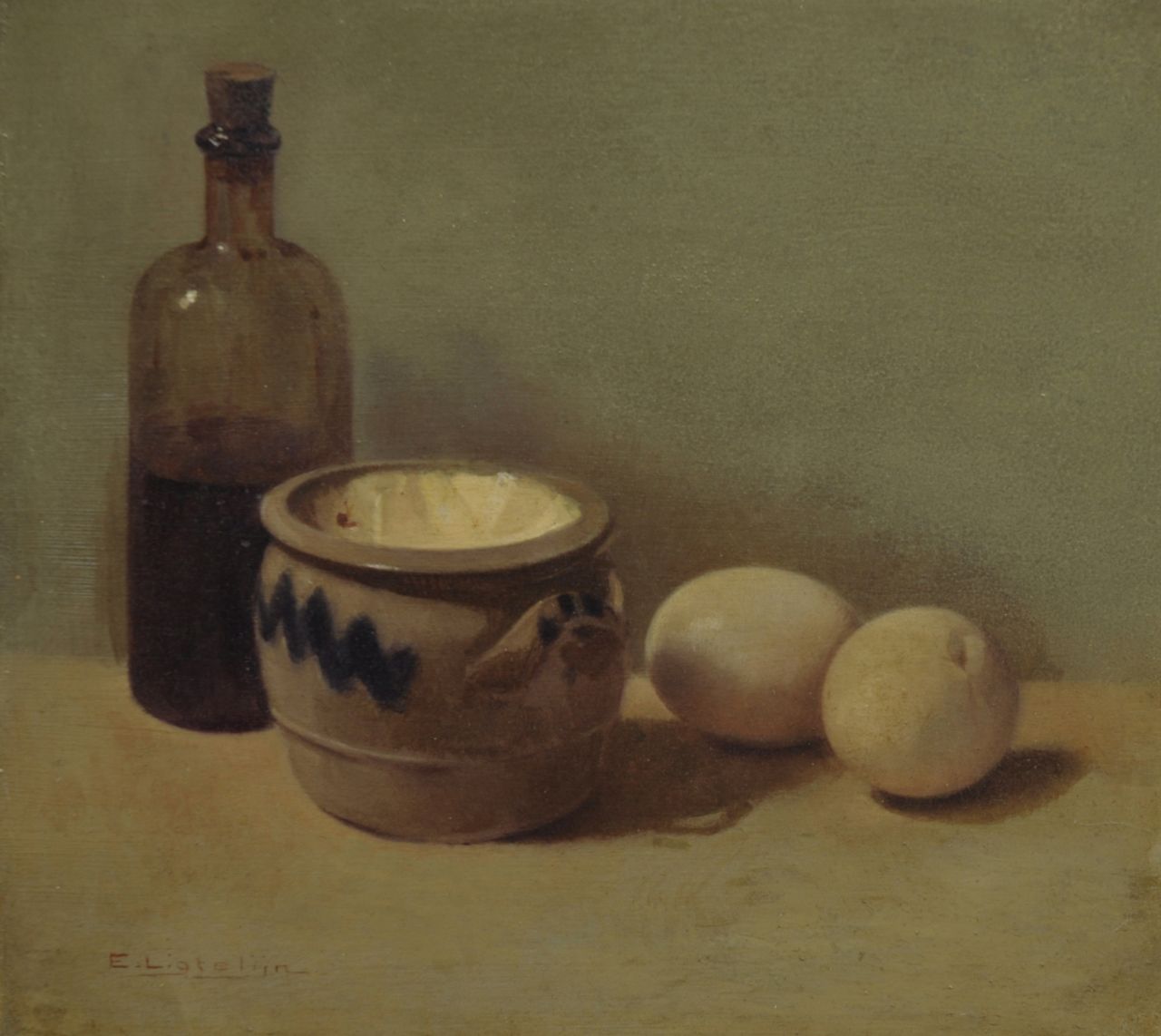 Ligtelijn E.J.  | Evert Jan Ligtelijn, A still life with eggs, oil on panel 23.2 x 25.9 cm, signed l.l.