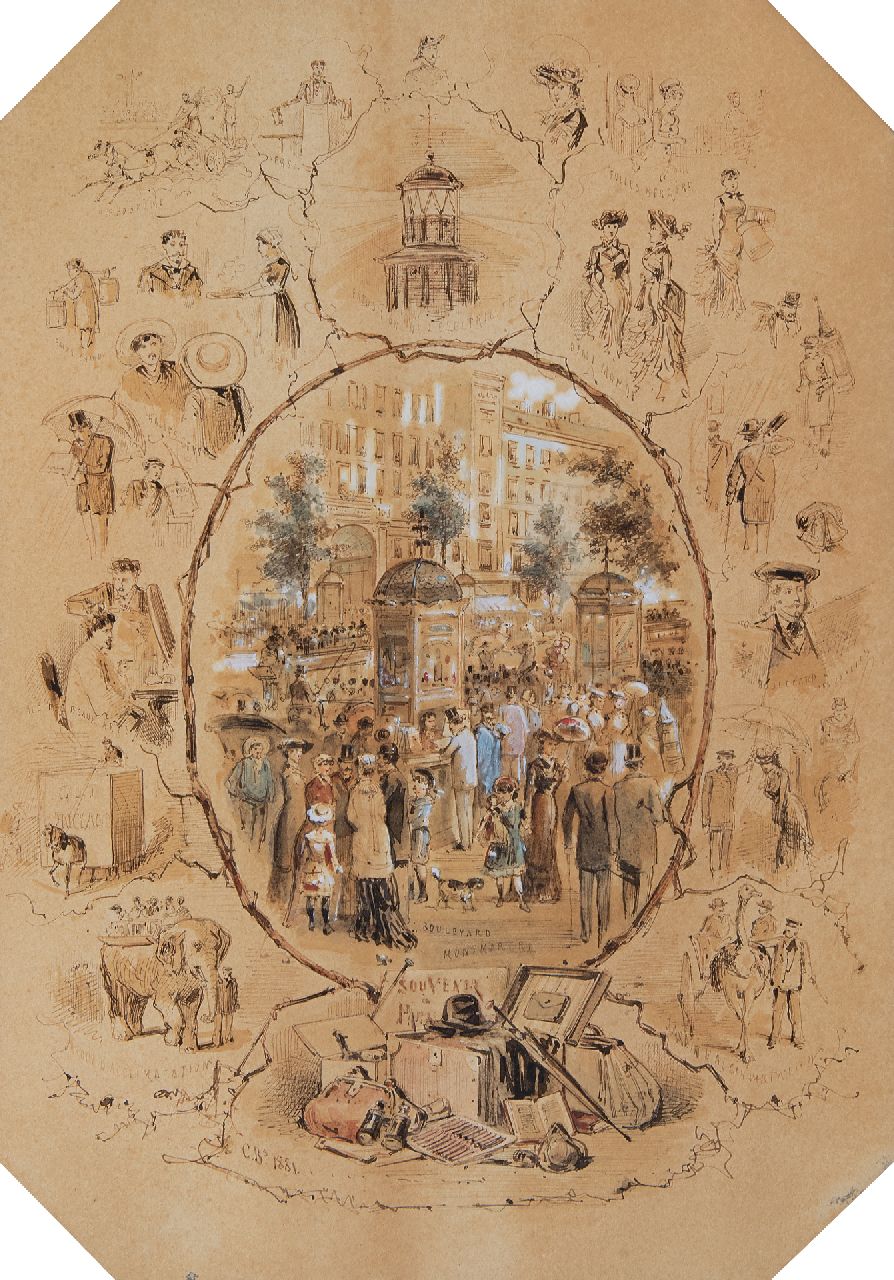 Franse School, 2e helft 19e eeuw   | Franse School, 2e helft 19e eeuw | Aquarellen en tekeningen te koop aangeboden | Souvenirs de Paris, inkt, aquarel en gouache op papier 37,7 x 26,4 cm, gesigneerd linksonder met initialen 'C.R.s' en gedateerd 1881