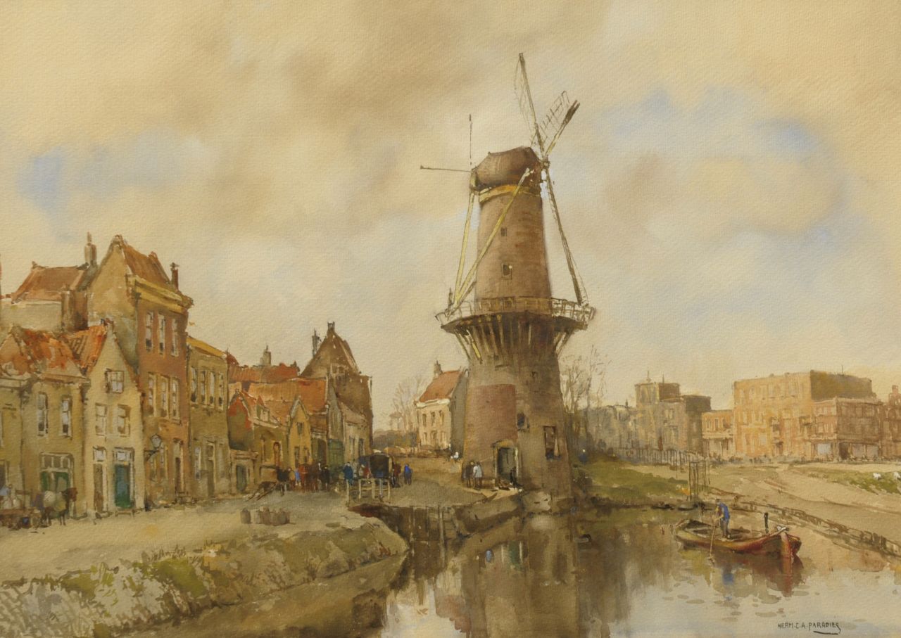 Paradies H.C.A.  | Herman Cornelis Adolf Paradies, Windmill 'De Drie Koornbloemen' Schiedam, watercolour on paper 50.0 x 70.1 cm, signed l.r.