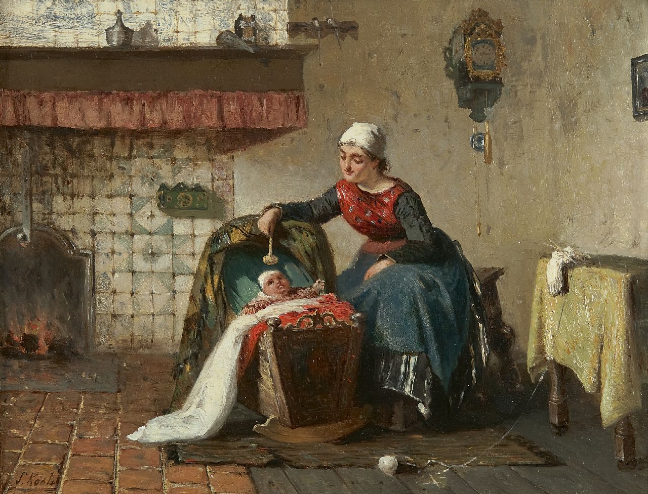 Kool S.C.  | Sipke 'Cornelis' Kool | Paintings offered for sale | Mother and child near a fireplace, oil on panel 26.6 x 35.0 cm, signed l.l. and dated 1881, without frame