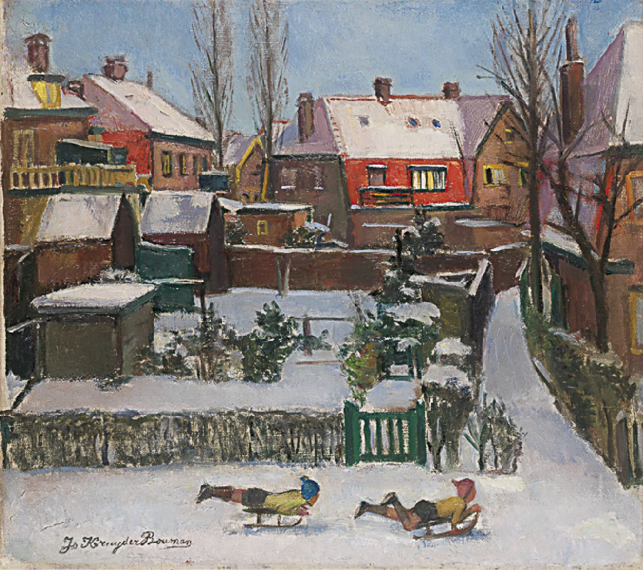 Jo Kruyder-Bouman | Sledding through town, oil on canvas, 40.3 x 45.0 cm, signed l.l. and dated 1942