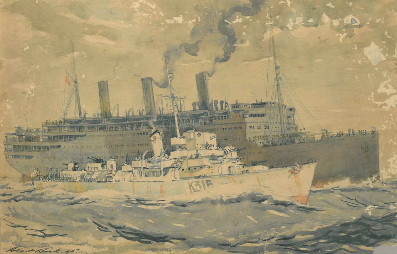 Back R.T.  | Robert Trenaman Back | Watercolours and drawings offered for sale | Passenger and navy vessel at sea, watercolour on paper 22.0 x 33.8 cm, signed l.l. and dated '45, without frame