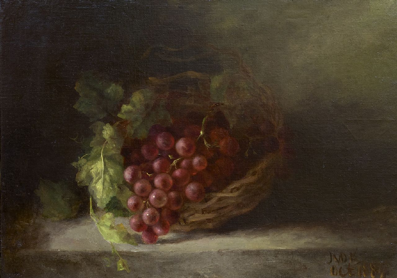 Johanna Margaretha van de Kasteele | Still life with grapes in a basket, oil on canvas laid down on panel, 35.8 x 50.6 cm, signed l.r. with initials and dated oct. 1884