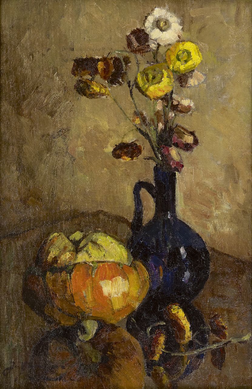 Groningen-Laurillard J.A.G. van | 'Jacoba' Adriana Geertruida van Groningen-Laurillard, Still life with dried flowers and a pumpkin, oil on canvas 60.0 x 40.0 cm, signed l.l.