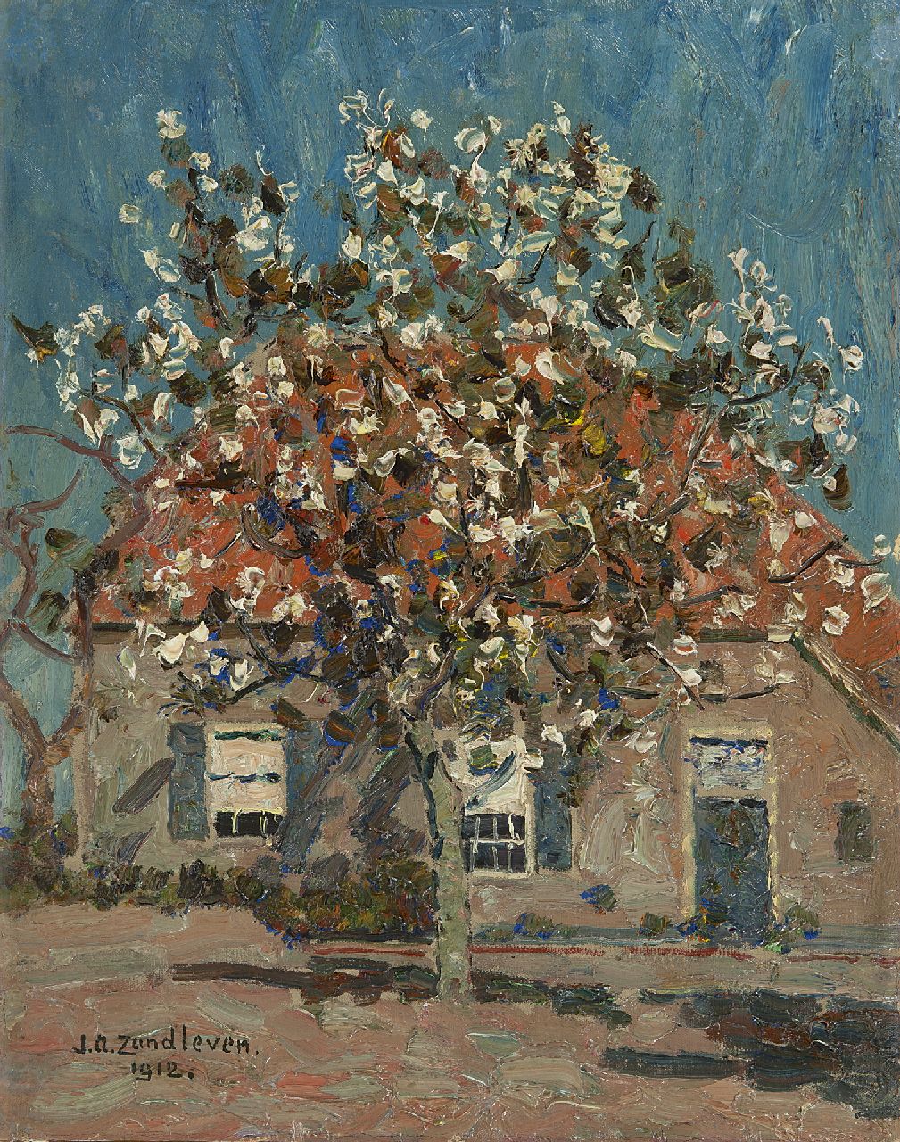 Zandleven J.A.  | Jan Adam Zandleven | Paintings offered for sale | Flowering fruit tree in front of a farm, oil on canvas laid down on panel 40.2 x 32.1 cm, signed l.l. and dated 1912