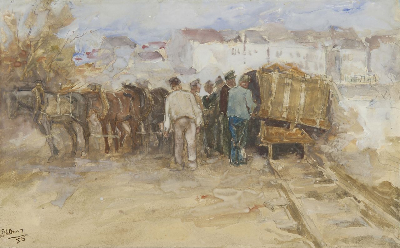 Toorop J.Th.  | Johannes Theodorus 'Jan' Toorop, Figuren bij kiepwagon in de Antwerpse haven, aquarel op papier 29,2 x 46,7 cm, gesigneerd linksonder en gedateerd '85