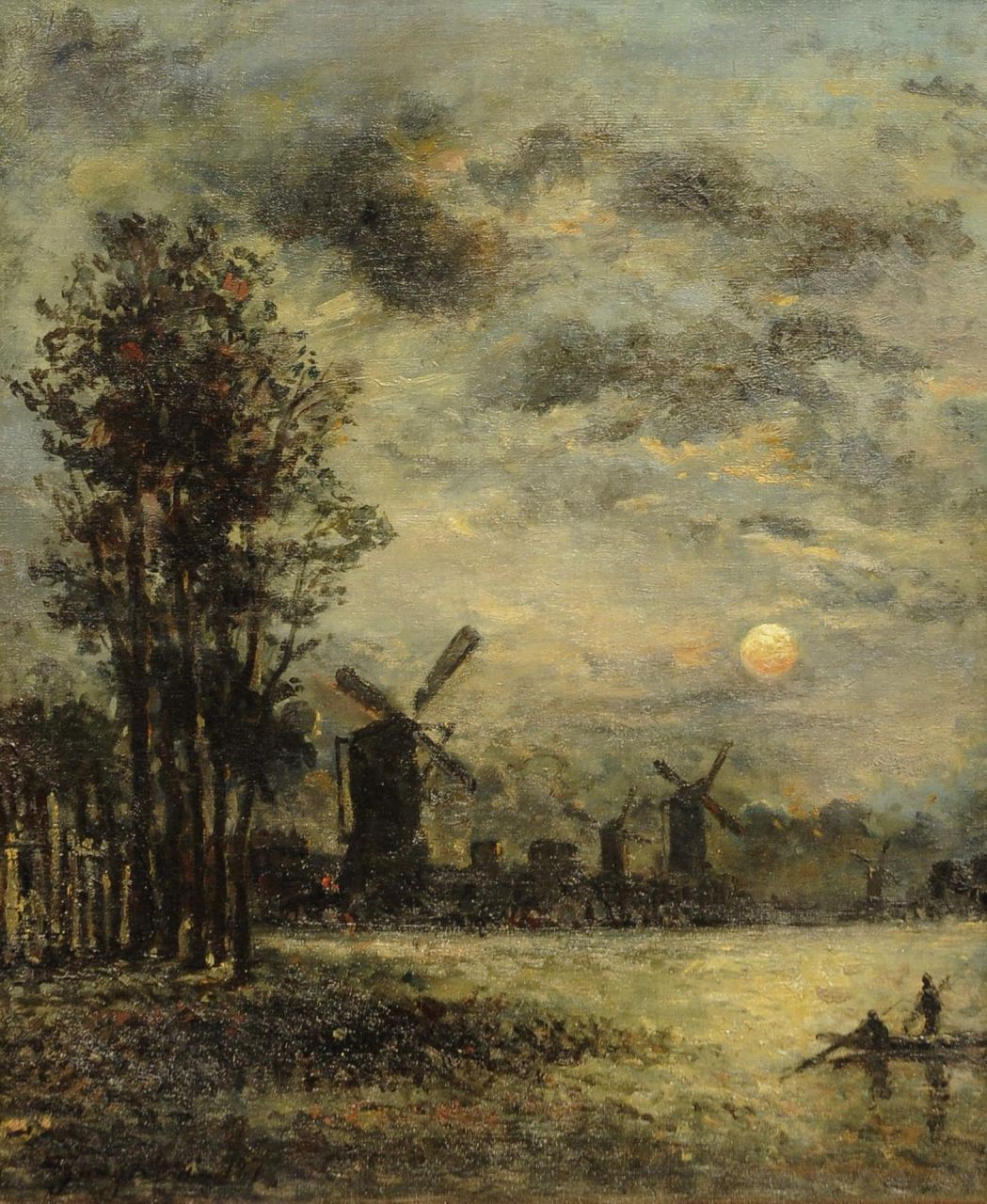 Jongkind J.B.  | Johan Barthold Jongkind, Molens langs de rivier bij maanlicht, olieverf op doek 46,3 x 38,8 cm, gesigneerd linksonder en gedateerd 187(0)