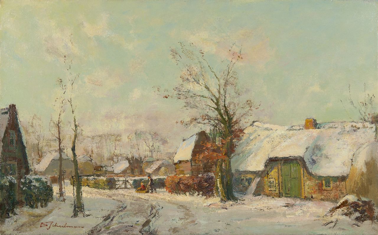 Schulman D.  | David Schulman | Paintings offered for sale | A farmer's couple in the snow, Blaricum, oil on canvas 47.3 x 75.5 cm, signed l.l.
