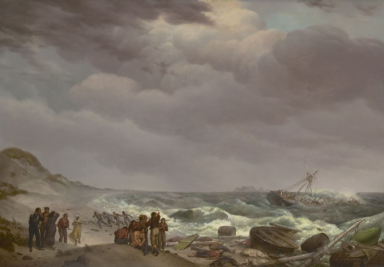 Koekkoek J.H.  | Johannes Hermanus Koekkoek | Paintings offered for sale | Shipwreck at the Cape Colony, South-Africa, with the Table Mountain in the distance, oil on panel 57.4 x 82.8 cm, signed l.r. and dated 1824 (vague)