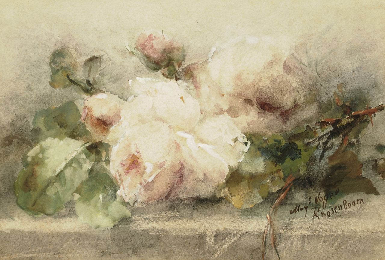 Roosenboom M.C.J.W.H.  | 'Margaretha' Cornelia Johanna Wilhelmina Henriëtta Roosenboom, Roses on a ledge, watercolour and gouache on paper 20.8 x 29.9 cm, signed l.r.