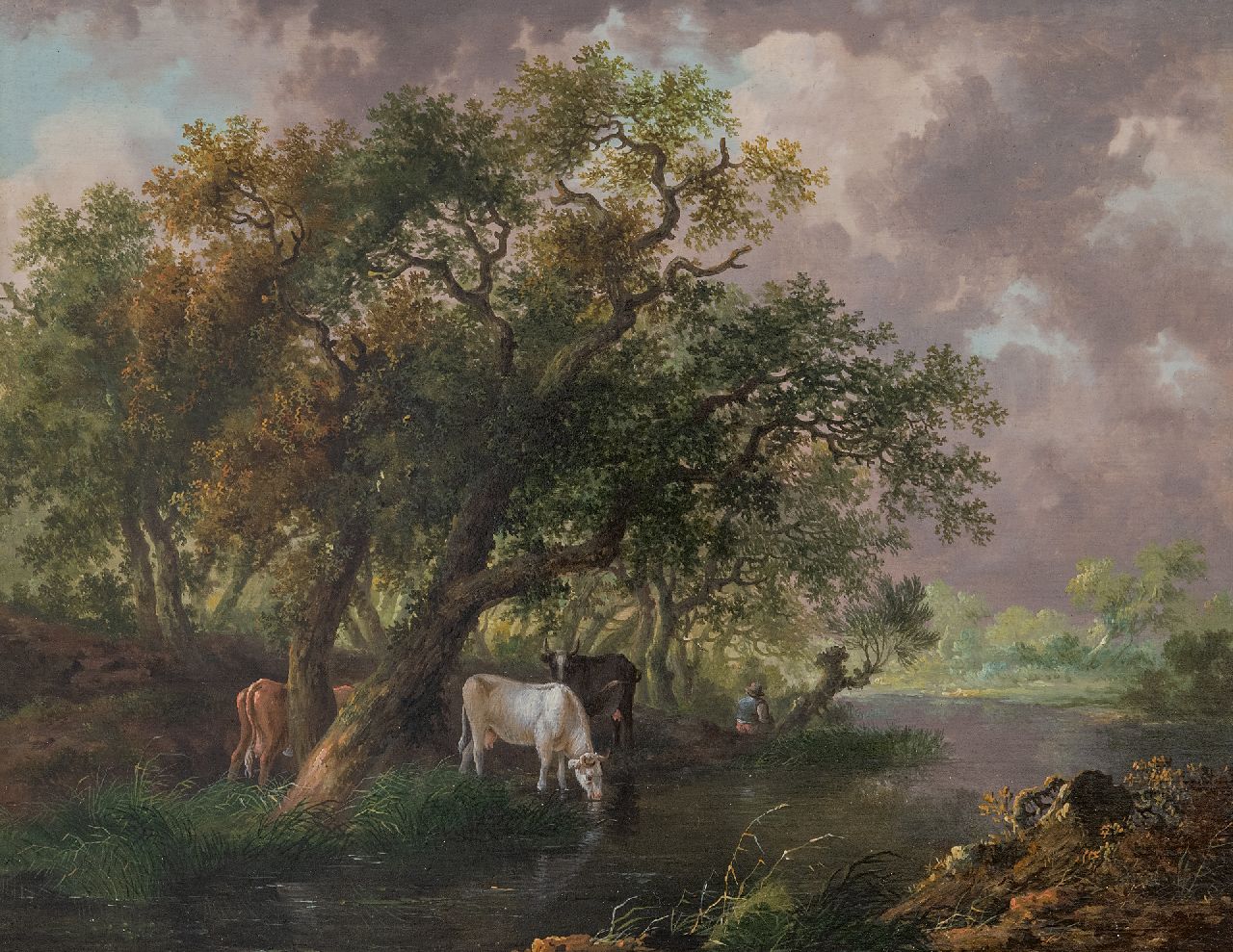 Renard F.T.  | Fredericus Theodorus Renard | Paintings offered for sale | Cattle watering by a wooded river, oil on panel 26.5 x 34.3 cm, signed (vague) on a label on the reverse and painted ca. 1815, without frame