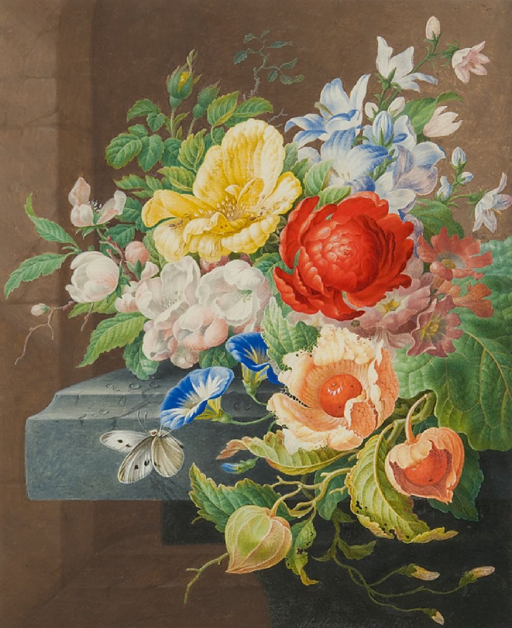 Henstenburgh H.  | Herman Henstenburgh | Watercolours and drawings offered for sale | Still life with flowers and a butterfly, watercolour on paper 31.0 x 25.5 cm, signed l.m. and painted ca. 1700