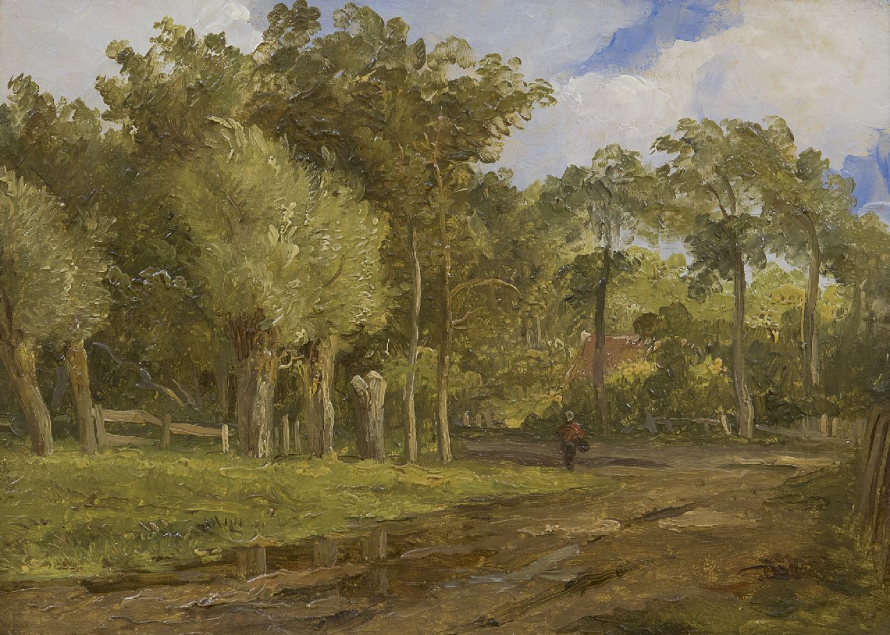 Eymer A.J.  | Arnoldus Johannes Eymer, Boomrijk landschap met figuur op zandweg, olieverf op schildersboard 16,1 x 22,0 cm