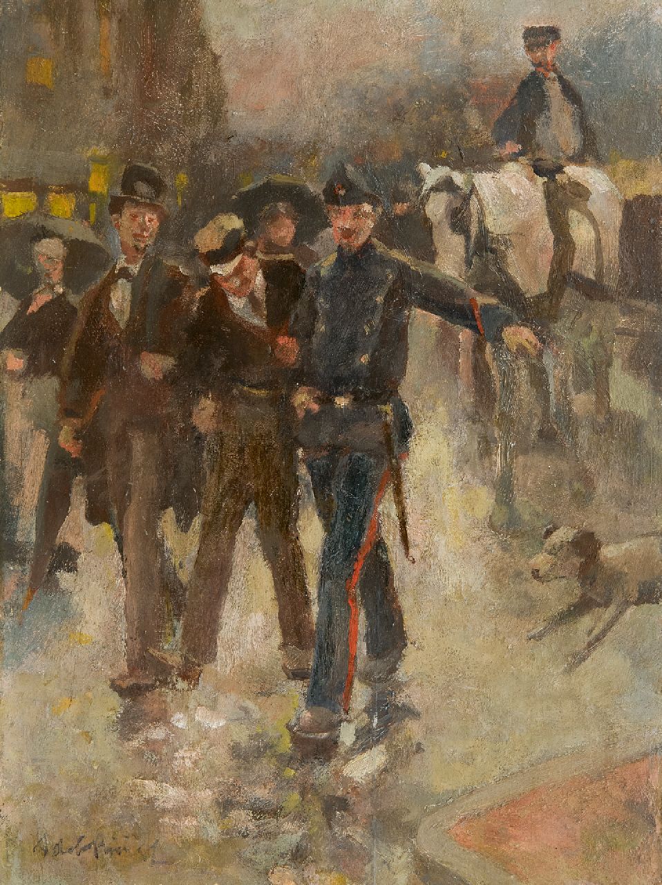 Rivière A.P. de la | Adrianus Philippus 'Adriaan' de la Rivière | Paintings offered for sale | Under arrest, oil on panel 25.8 x 19.5 cm, signed l.l.