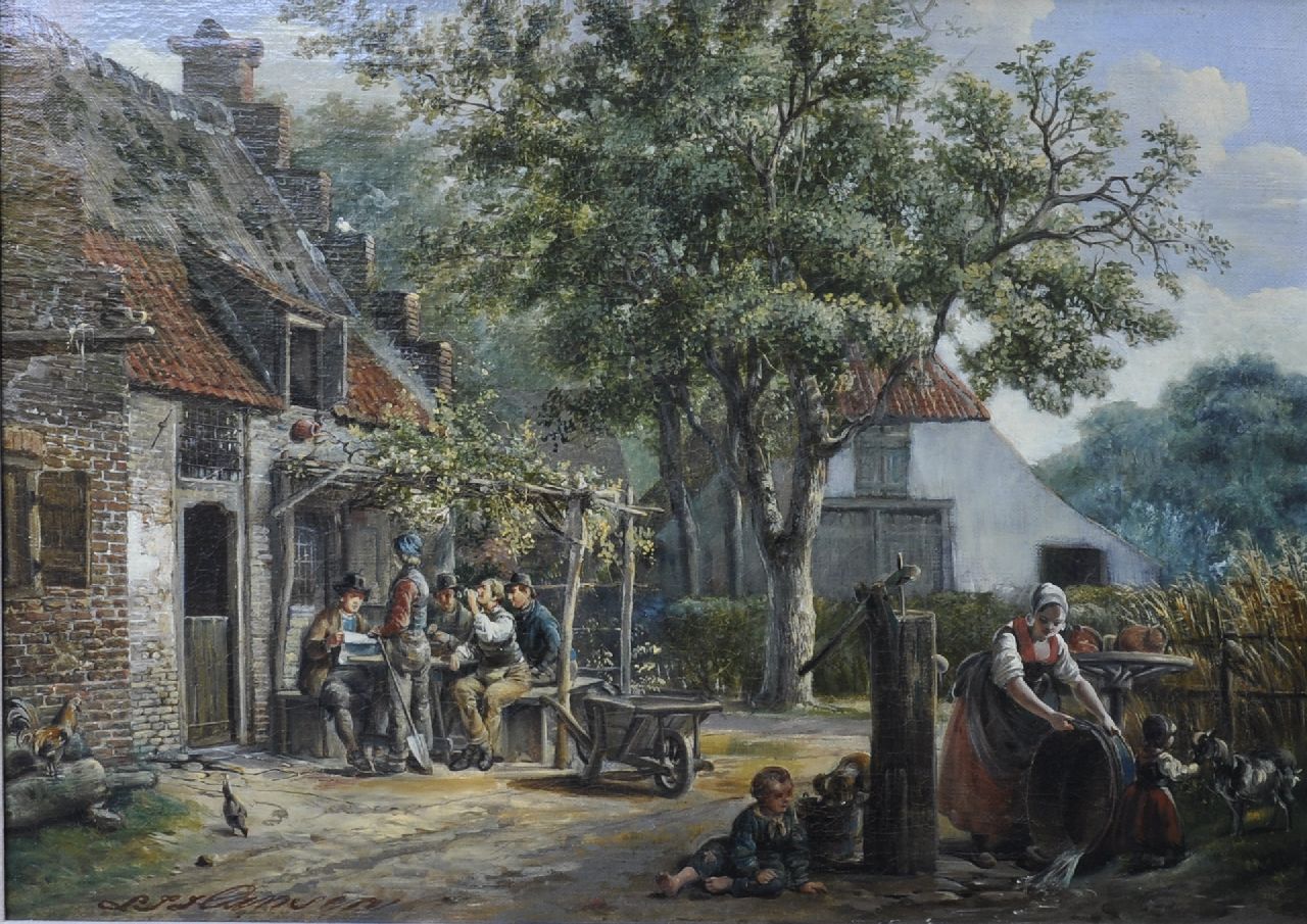 Hansen L.J.  | Lambertus Johannes Hansen, A village with drinkers at a tavern, oil on canvas 41.1 x 56.1 cm, signed l.l.