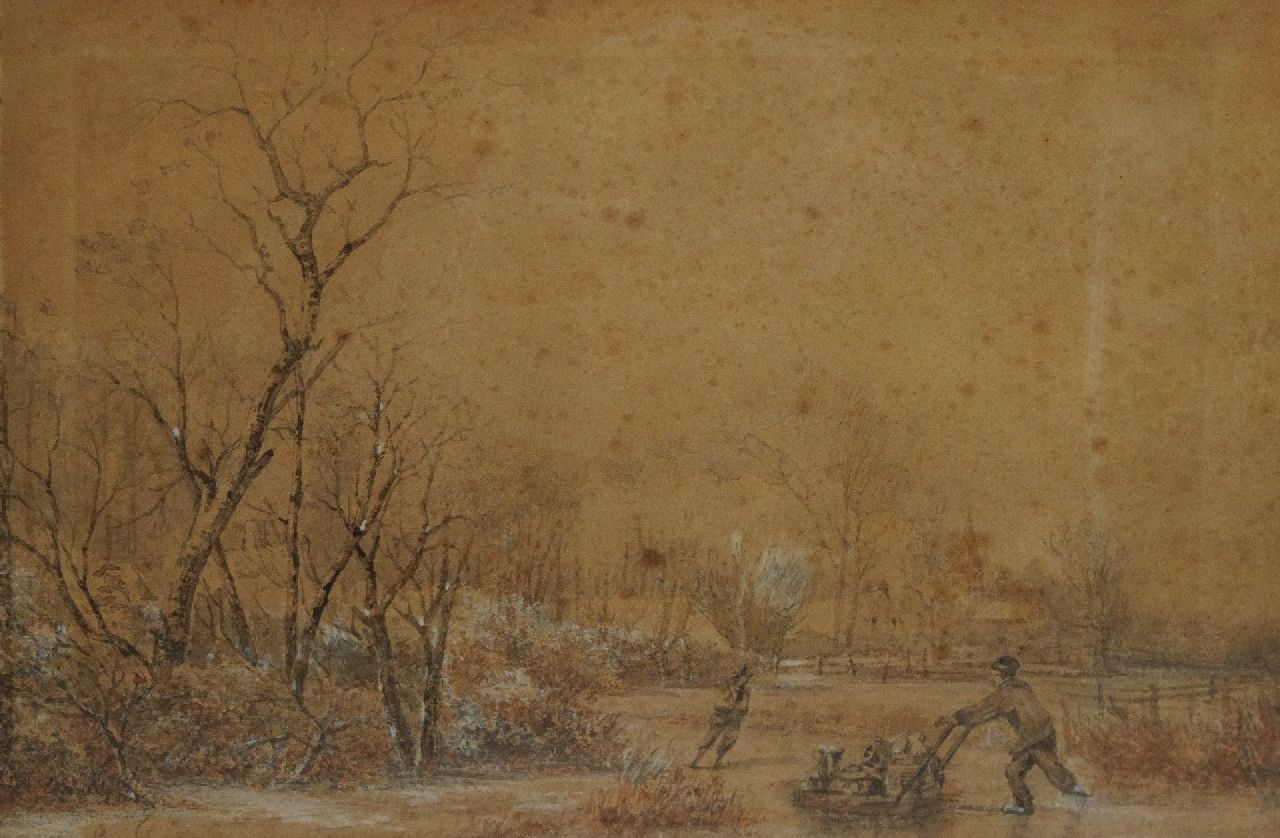 Breuhaus de Groot F.  | Frans Breuhaus de Groot, Landschap met schaatsers, penseel en Oost-Indische inkt en aquarel op papier - (brush and Indian ink on paper) 19,2 x 28,9 cm, gesigneerd linksonder met initialen
