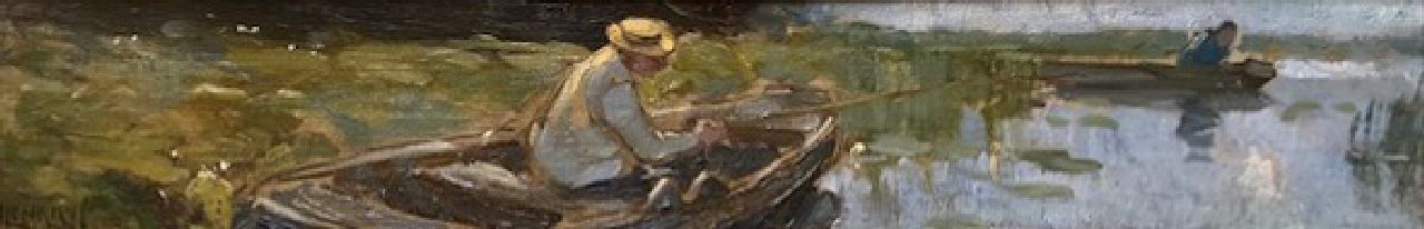 Hendrik Willebrord Jansen | Visser in bootje langs de kant i.o., olieverf op board, 9,0 x 54,0 cm, gesigneerd l.o.