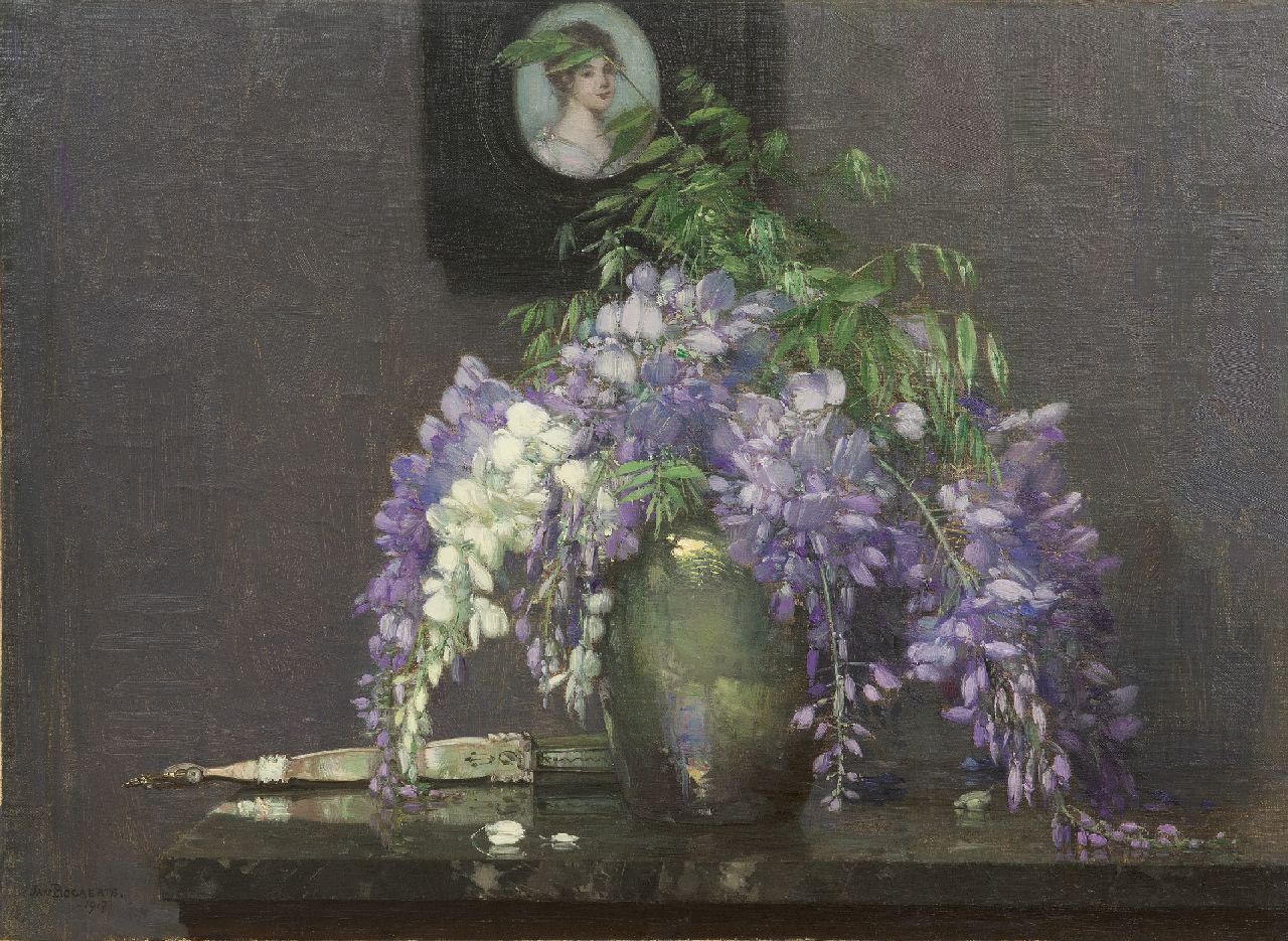 Bogaerts J.J.M.  | Johannes Jacobus Maria 'Jan' Bogaerts | Paintings offered for sale | A still life with Wisteria and a miniature portrait, oil on canvas 40.3 x 55.1 cm, signed l.l. and dated 1917