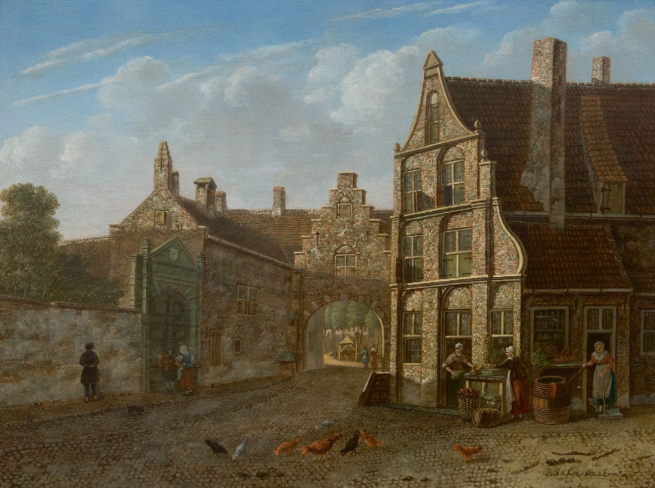 Schoenmaker Pzn J.  | Johannes Schoenmaker Pzn | Paintings offered for sale | A town view with vegetable sellers, oil on panel 31.9 x 42.8 cm, signed l.r.