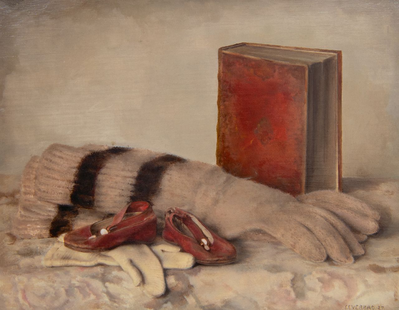 Everbag F.  | Franciscus 'Frans' Everbag | Paintings offered for sale | Still life with gloves, a book and children's shoes, oil on panel 21.0 x 26.9 cm, signed l.r. and dated '27