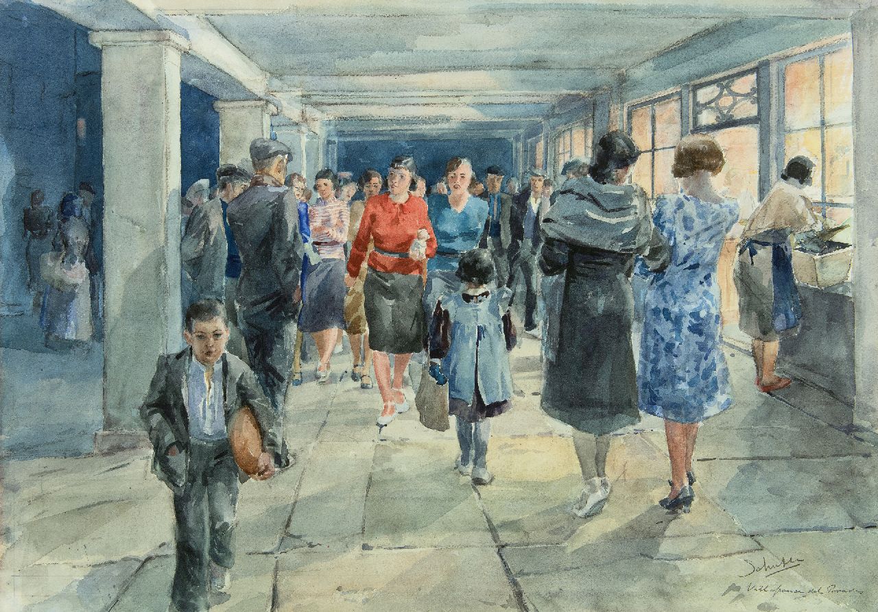 Schutte L.H.H.  | 'Louis' Hermanus Hendrikus Schutte | Watercolours and drawings offered for sale | A crowded street in Villafranca del Penedès, Spain, watercolour on paper 60.5 x 87.5 cm, signed l.r. and on the reverse