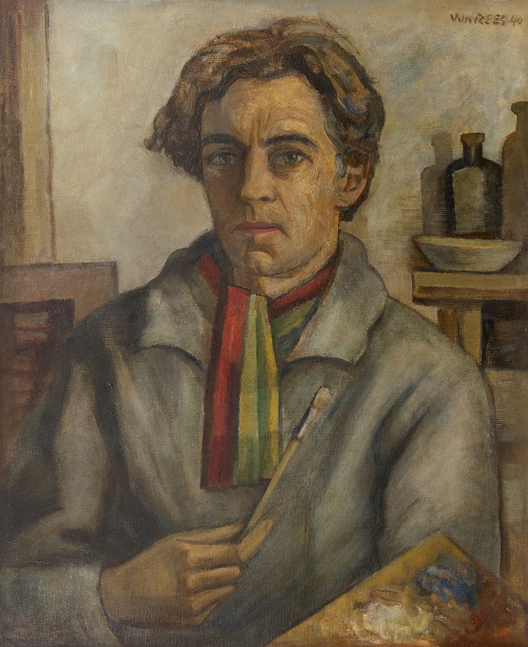 Rees O. van | Otto van Rees | Schilderijen te koop aangeboden | Zelfportret met palet, olieverf op doek 75,2 x 60,0 cm, gesigneerd rechtsboven (dubbel) en gedateerd '40