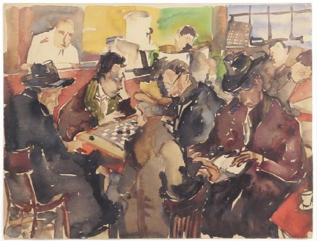 Albert E.  | Ernest Albert | Watercolours and drawings offered for sale | Playing checkers in the pub, watercolour on paper 37.3 x 49.3 cm
