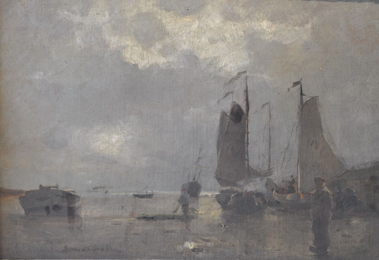 Grobe P.G.  | Philipp 'German' Grobe | Schilderijen te koop aangeboden | Vissersboten op het strand bij avond, olieverf op board op paneel 31,3 x 44,5 cm, gesigneerd linksonder