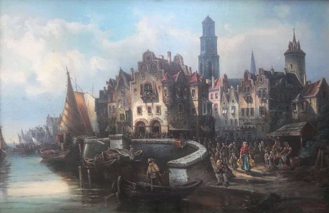 Howe L. van | L. van Howe | Schilderijen te koop aangeboden | Bedrijvigheid in een stadshaven, olieverf op doek 98,0 x 143,0 cm, gesigneerd rechtsonder