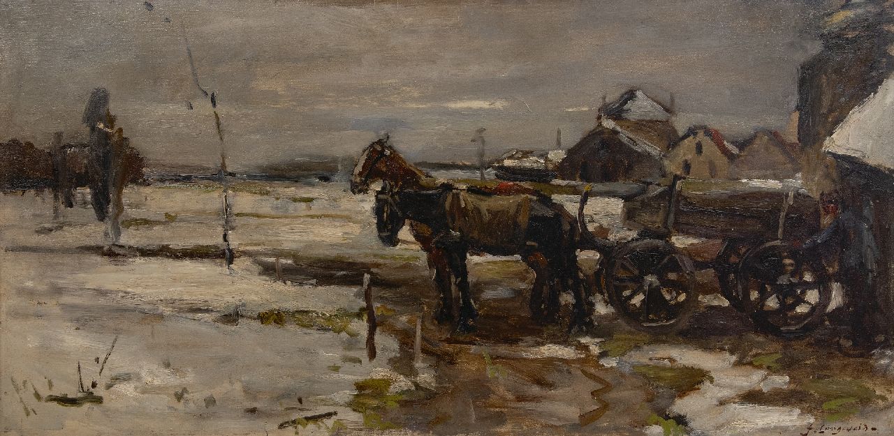 Langeveld F.A.  | Franciscus Arnoldus 'Frans' Langeveld | Schilderijen te koop aangeboden | Paard en wagen in de sneeuw, olieverf op doek 60,5 x 121,5 cm, gesigneerd rechtsonder