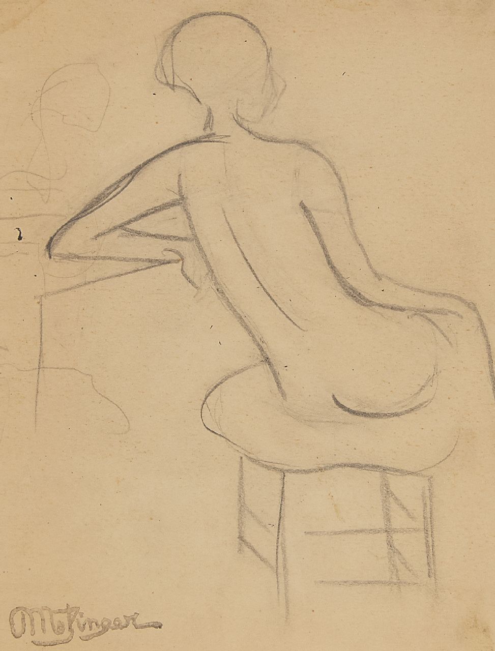 Metzinger J.D.A.  | 'Jean' Dominique Antony Metzinger | Aquarellen en tekeningen te koop aangeboden | Etude d'une femme nue assise; verso: Figuurstudies, potlood op papier 15,5 x 11,0 cm, gesigneerd linksonder en verso met kunstenaarsstempel