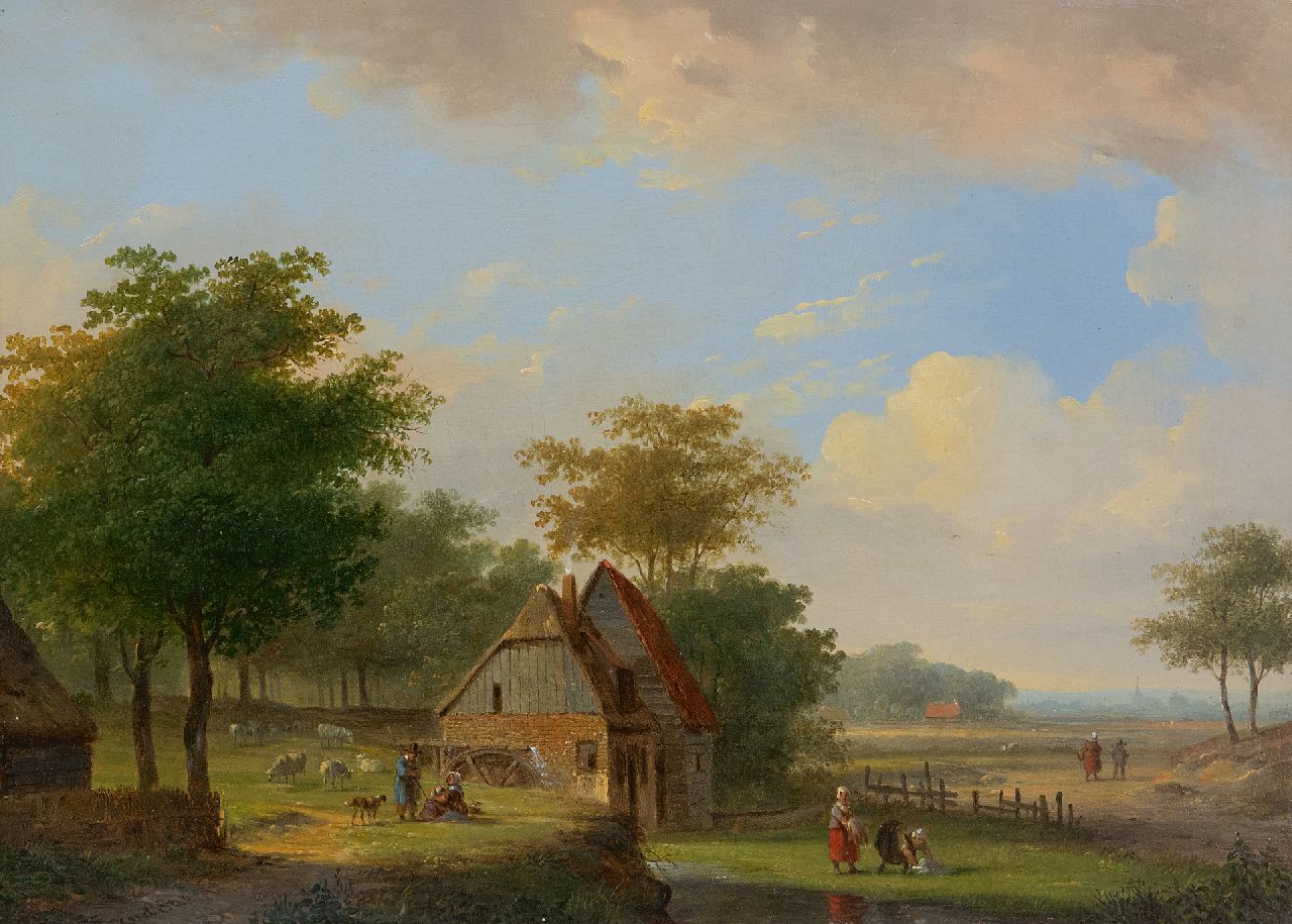 Stok J. van der | Jacobus van der Stok | Schilderijen te koop aangeboden | Idyllisch landschap met een watermolen en landvolk, olieverf op paneel 26,0 x 35,4 cm, gesigneerd linksonder