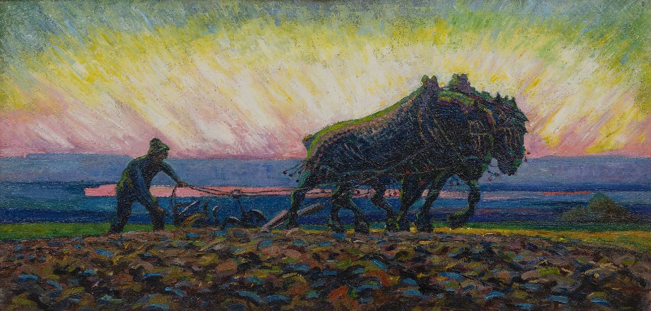 Gouwe A.H.  | Adriaan Herman Gouwe, Plowing horses at sunrise, oil on canvas 47.9 x 98.9 cm