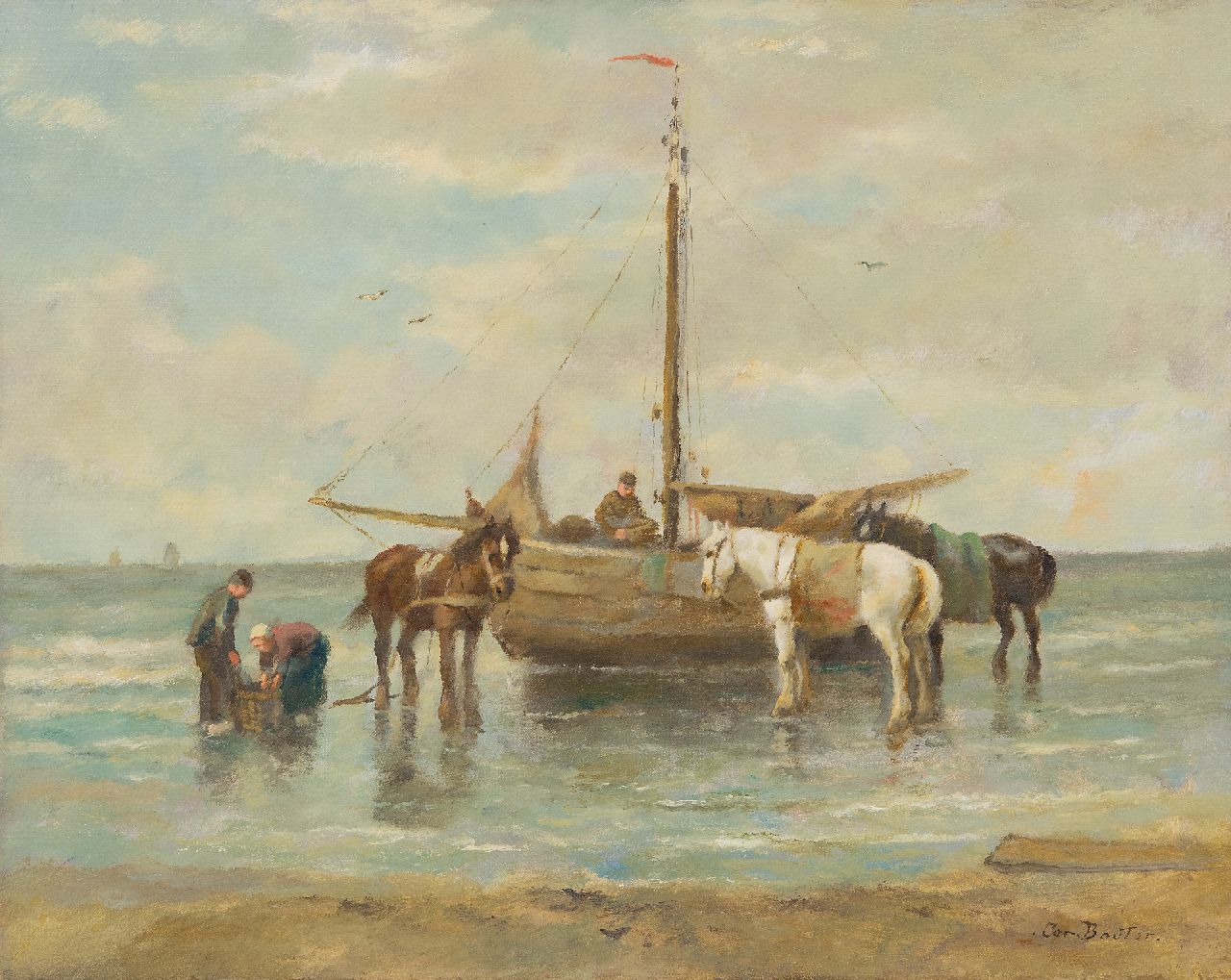 Cor Bouter | Return of the fishermen, oil on canvas, 41.0 x 51.1 cm, signed l.r. and without frame
