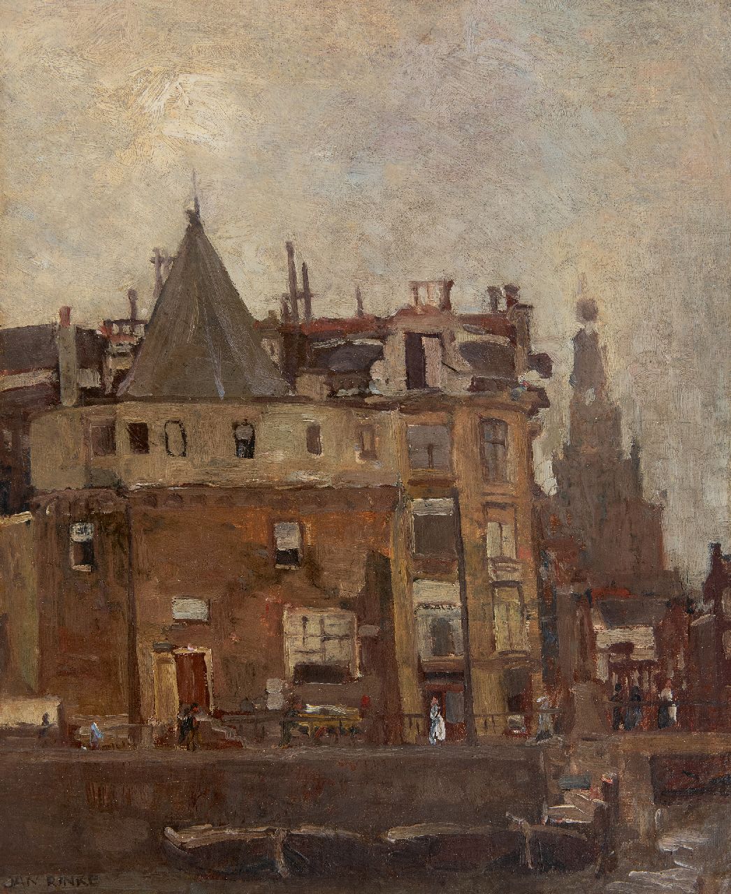 Rinke J.  | 'Jan' Frederik Rinke | Schilderijen te koop aangeboden | De Geldersekade met de Schreierstoren, Amsterdam, olieverf op doek op board 45,2 x 37,7 cm, gesigneerd linksonder en zonder lijst