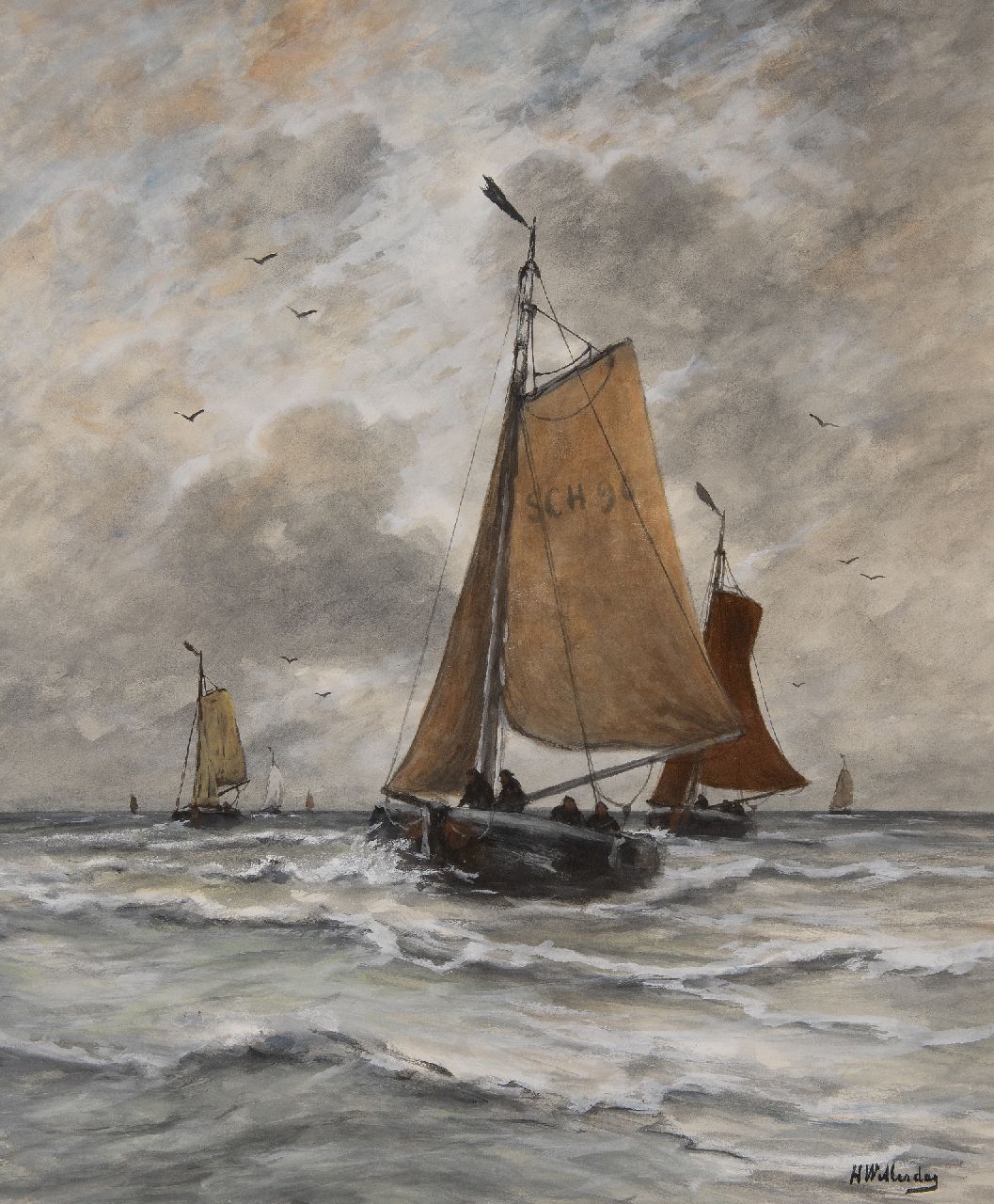 Mesdag H.W.  | Hendrik Willem Mesdag, Returning fishing barges, Scheveningen, watercolour on paper 74.3 x 61.6 cm, signed l.r.