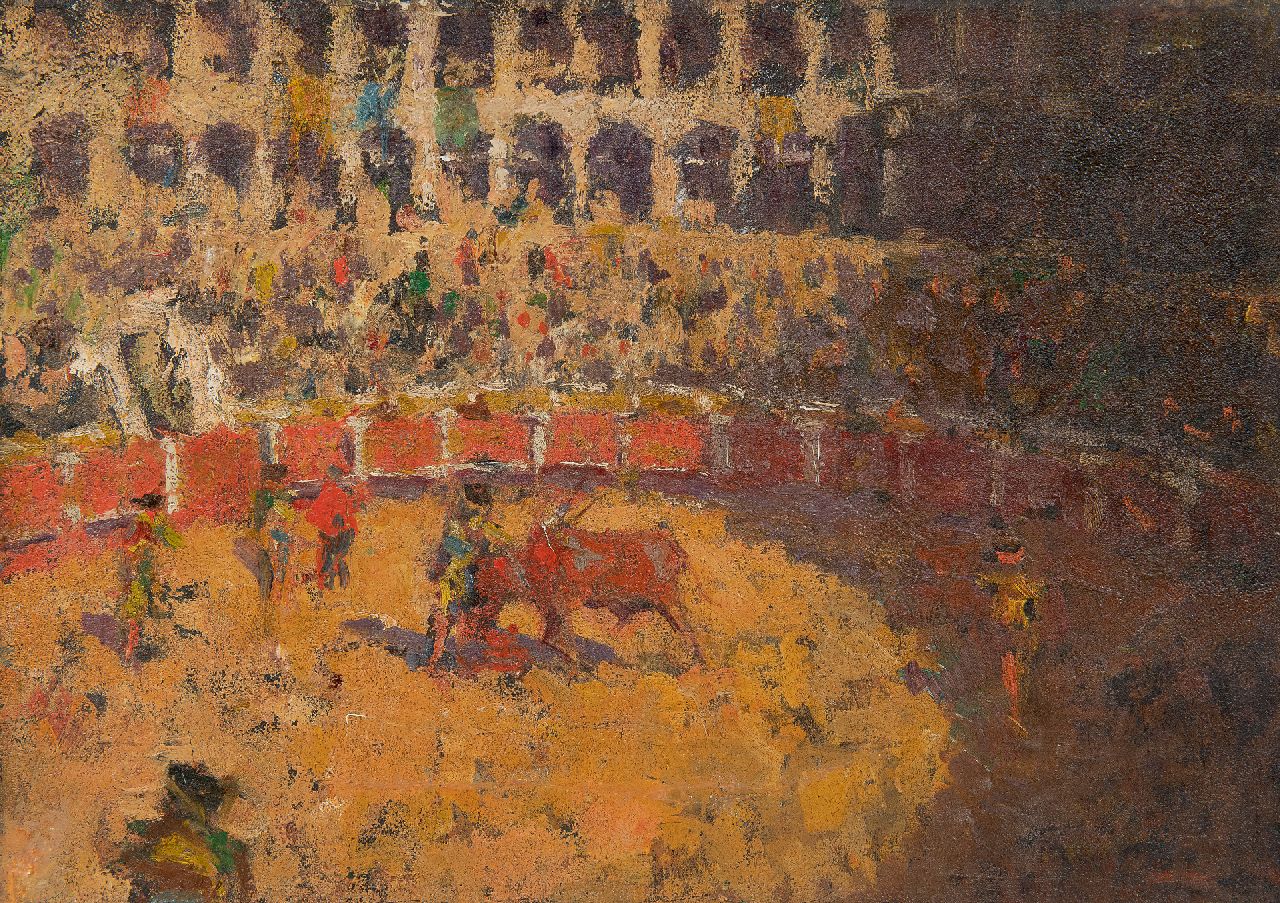 Europese School, begin 20e eeuw | Stierengevecht in de Arena las Ventas, Madrid, olieverf op doek, 24,5 x 34,3 cm, zonder lijst