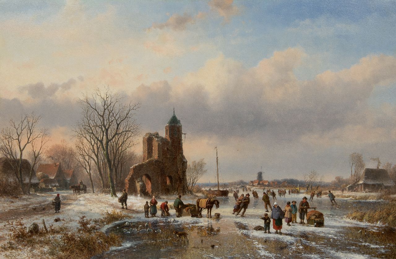 Vester W.  | Willem Vester, Schaatsers op het ijs bij een kasteelruïne, olieverf op doek 82,1 x 124,8 cm, gesigneerd linksonder