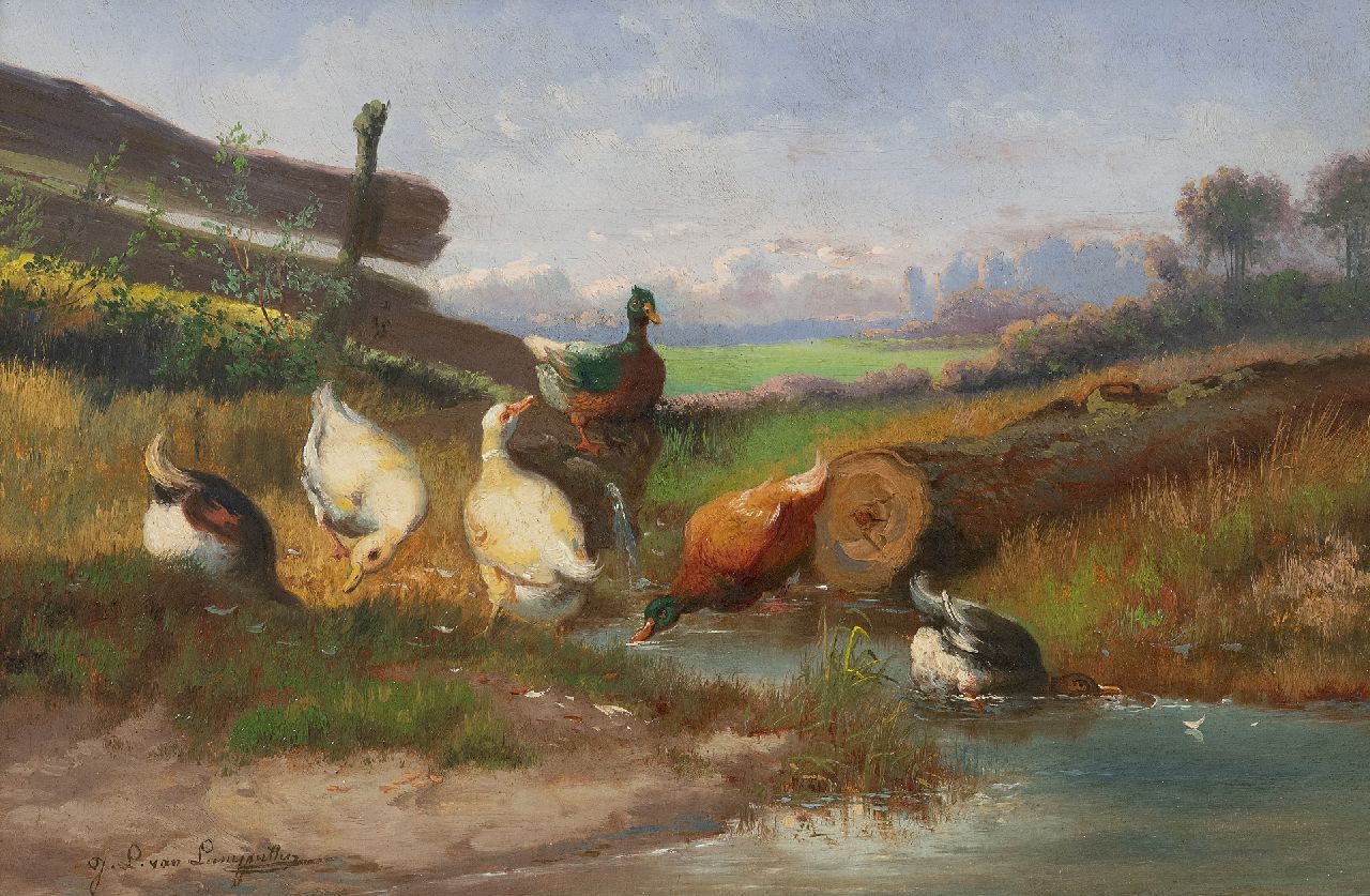 Leemputten J.L. van | Jef Louis van Leemputten | Schilderijen te koop aangeboden | Eenden aan het water, olieverf op doek 24,0 x 36,5 cm, gesigneerd linksonder