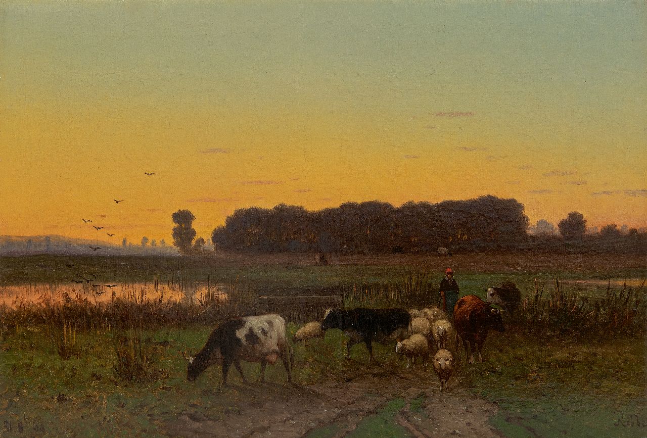 Robbe H.A.  | Henri Alexander Robbe | Paintings offered for sale | Shepherdess and cattle on their way home, oil on canvas 34.1 x 49.8 cm, signed l.r.