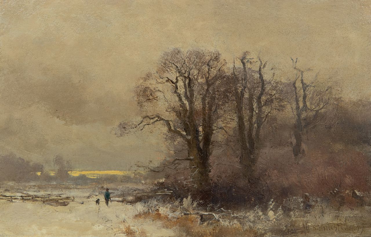 Hollestelle J.H.  | Jacob Huijbrecht Hollestelle | Paintings offered for sale | Hunter and his dog in a snowy landscape, oil on panel 20.5 x 31.6 cm, signed l.r. and dated '99